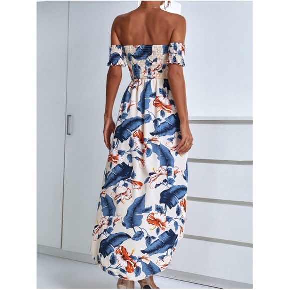 Boho Blue Floral Tropical Leave Off Shoulder dress - Picture 2 of 10